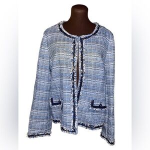 NWT Charter Club Blue and White Fringe Tweed Blazer Jacket XL